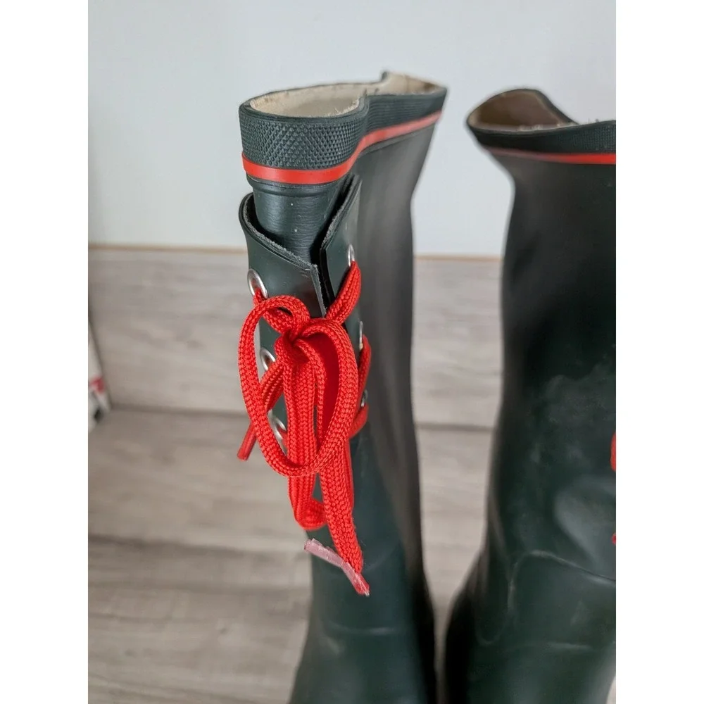 Tretorn Rain Rubber Boots Tall Calf Green Red Laces Women Size 8 ( 39 )